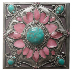 Rosa und Türkis Art Nouveau-Mosaikfliesenmuster Fliese