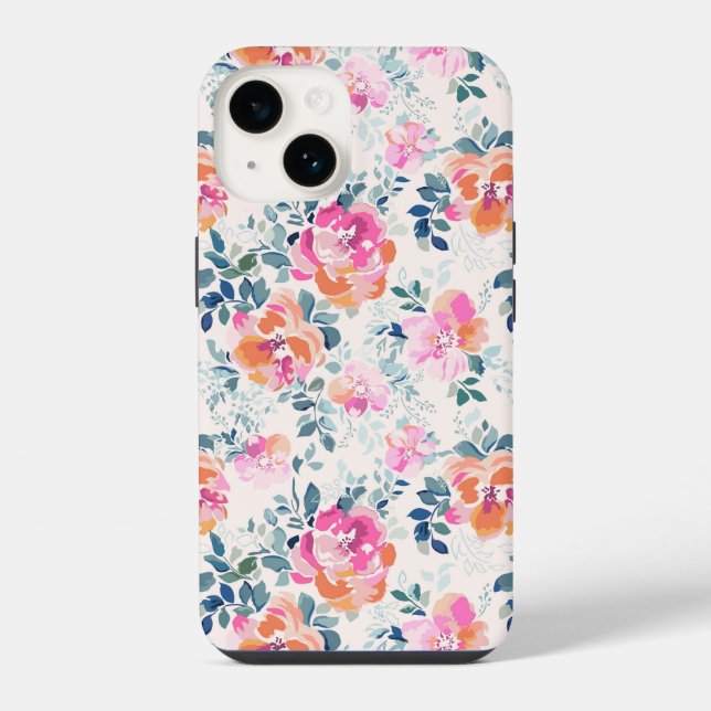 Rosa und Türkis Blumenmuster iPhone Hülle (Rückseite)