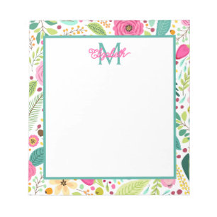 Rosa und Türkis Frühlingsblumen-Monogramm Notizblock