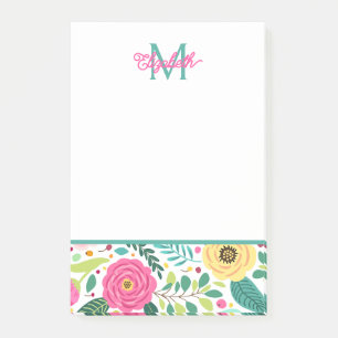 Rosa und Türkis Frühlingsblumen-Monogramm Post-it Klebezettel