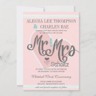 Rosa und Türkis Herr und Frau Typografy Hochzeiten Einladung