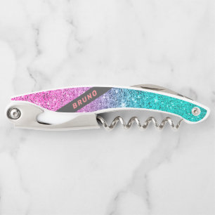 Rosa und türkises Glitter-Ombre-Monogramm Kellnermesser