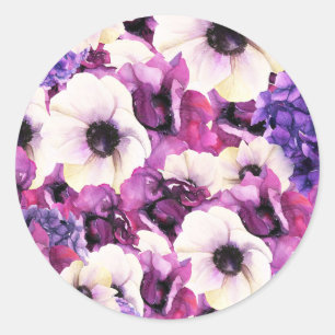 Rosa und violette Aquarell-Blumen-Brautparty Runder Aufkleber