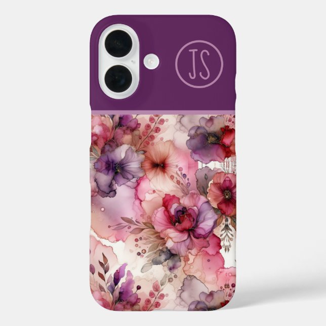 Rosa und violette Blumen Alkoholtink Mit Monogramm Case-Mate iPhone Hülle (Rückseite)