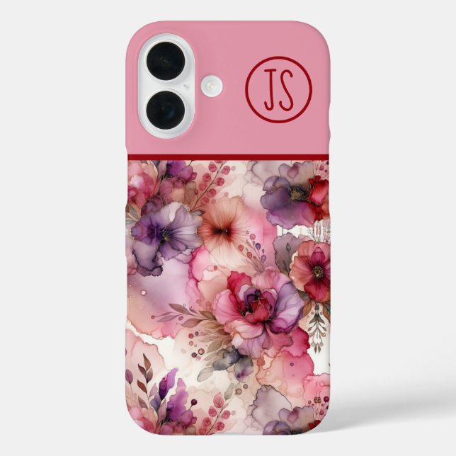 Rosa und violette Blumen Alkoholtink Mit Monogramm Case-Mate iPhone Hülle (Rückseite)