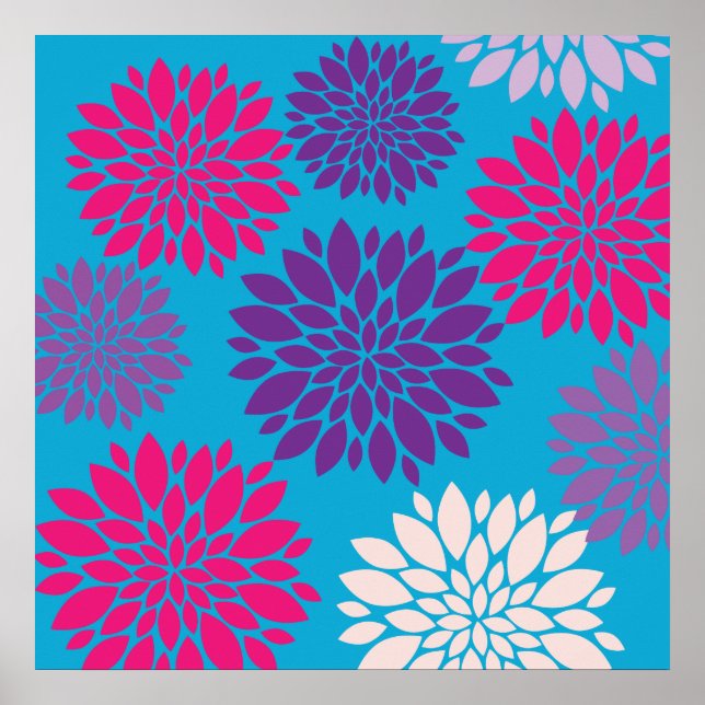 Rosa und violette Blumen auf Aquamarinem Blau Poster (Vorne)