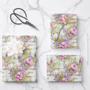 Rosa und violette Blumen auf Karierten Geschenkpapier Set