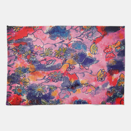 Rosa und violette Blumen Garten Original Wasserfar Geschirrtuch