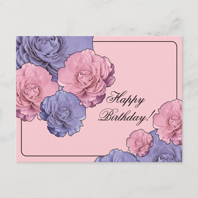Rosa und violette Blumen Happy Birthday Postkarte (Vorderseite)