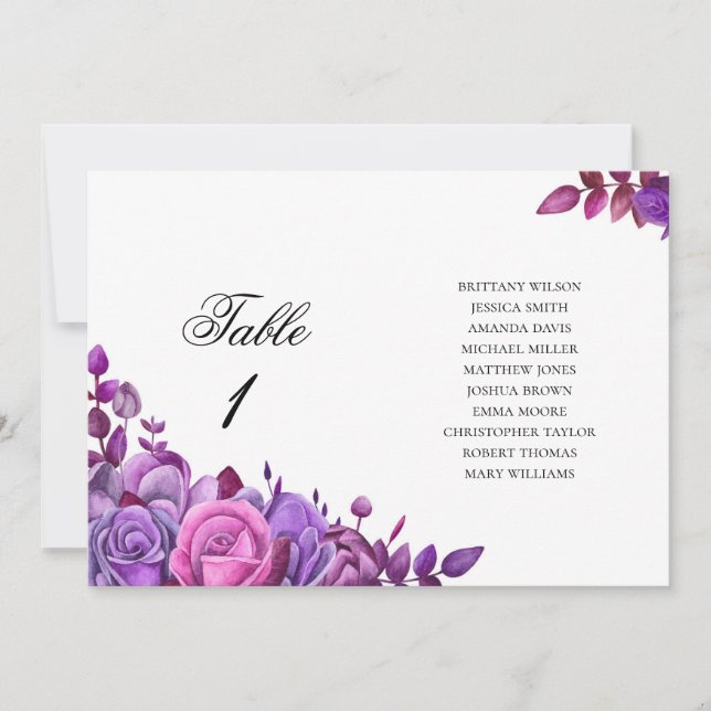 Rosa und violette Blumen. Hochzeitstabelle Einladung (Vorderseite)