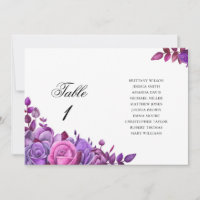 Rosa und violette Blumen. Hochzeitstabelle