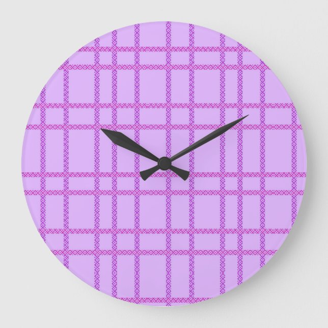 Rosa und violette Blumen kariertes Muster Große Wanduhr (Vorderseite)
