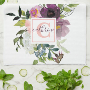 Rosa und violette Blumen personalisiert Geschirrtuch