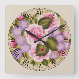 Rosa und violette Blumen und ein Lady Bug Quadratische Wanduhr