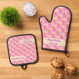 Rosa und violette Blumen zum Muttertag Ofenhandschuh & Topflappen-Set