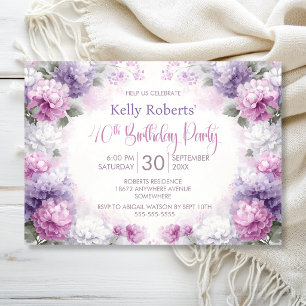 Rosa und violette Blumenparty zum 40. Geburtstag Einladung