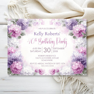 Rosa und violette Blumenparty zum 40. Geburtstag Einladung