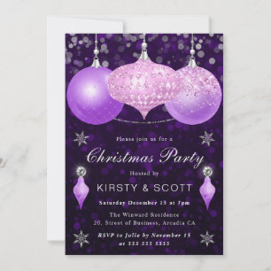 Rosa und violette Christbaumkugeln Weihnachtsdinne Einladung