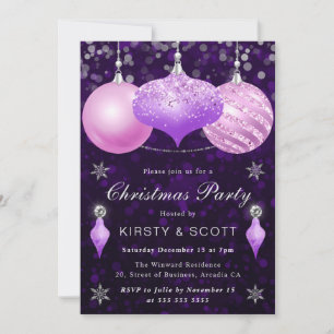 Rosa und violette Christbaumkugeln Weihnachtsdinne Einladung