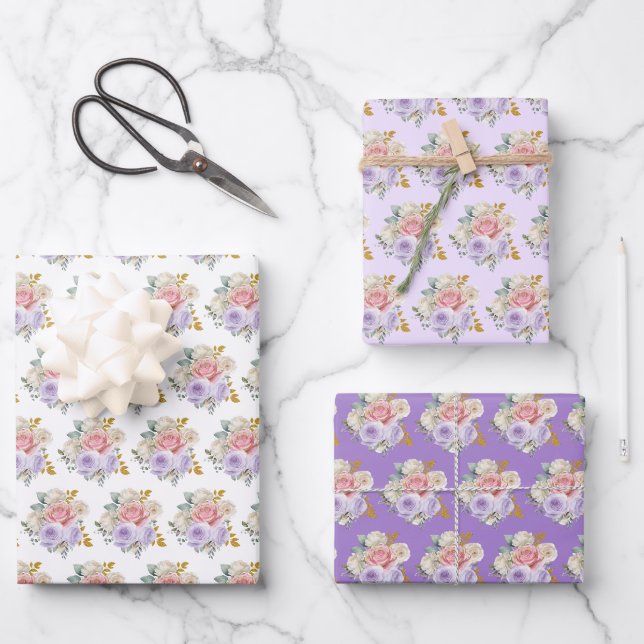 Rosa und violette elegante Blumen Geschenkpapier Set (Vorderseite)