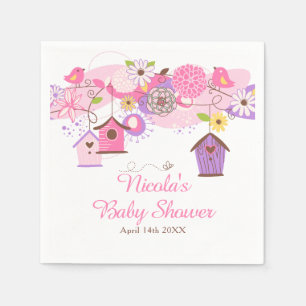 Rosa und violette florale Vogelkäfige Babyparty Serviette