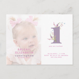 Rosa und violette Foto-Einladung zur 1. Geburtstag Postkarte
