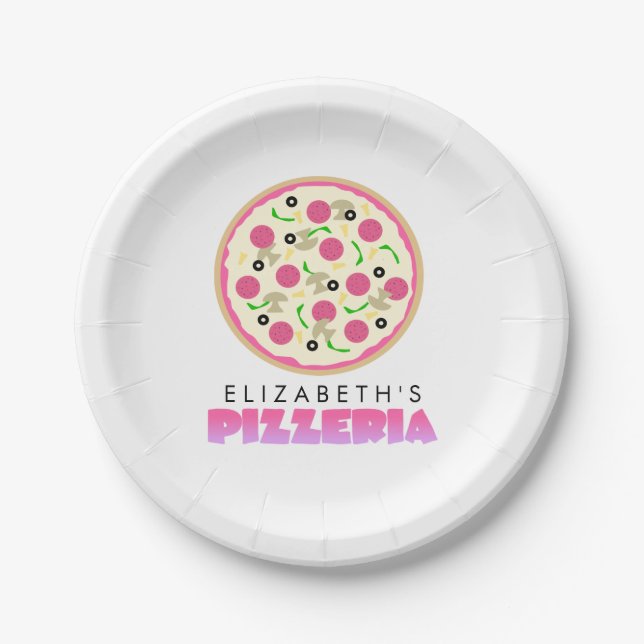 Rosa und violette Pizzaparty Pappteller (Vorderseite)