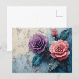 Rosa und violette Rosen Distressed Hintergrund Postkarte
