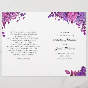 Rosa und violette Rosen. Hochzeitsprogramm gefalte