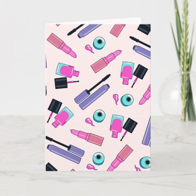 Rosa und violette Schminkkosmetik-Muster Karte (Vorderseite)