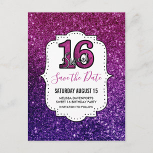 Rosa und violette süße 16 funkelnde Save-the-Date- Postkarte