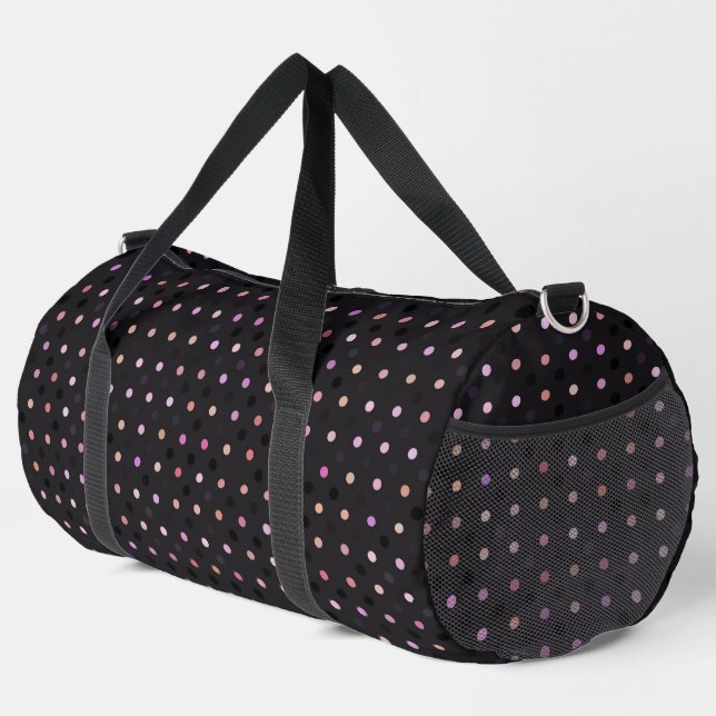 rosa und violette Tupfen auf Grau Duffle Bag (Rechte Ecke)
