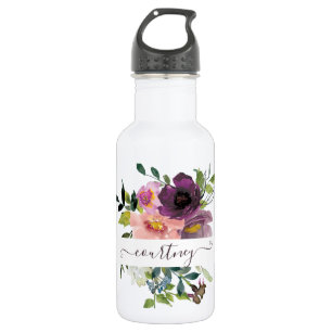 Rosa und violette Wasserfarbe floral personalisier Edelstahlflasche