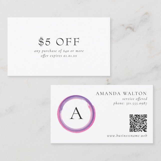 Rosa und violettes Monogramm QR-Code Modern Rabattkarte (Vorne/Hinten)