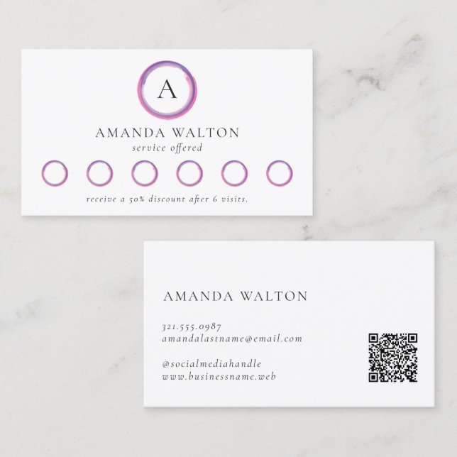 Rosa und violettes Monogramm QR-Code Modern Treuekarte (Vorne/Hinten)