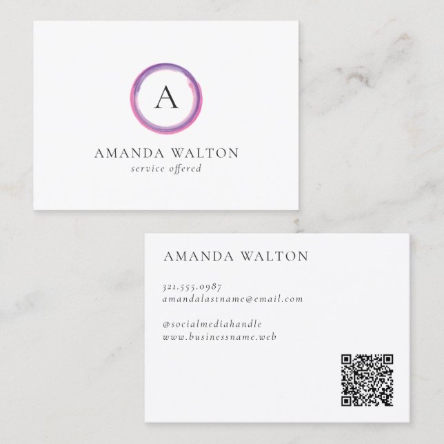 Rosa und violettes Monogramm QR-Code Modern Visitenkarte (Vorne/Hinten)