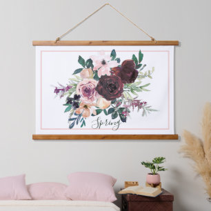Rosa und Wein Aquarell-Blumenmuster individuell  Wandteppich Mit Holzrahmen