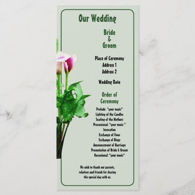 Rosa und Weiß Calla Lilies Hochzeitsprogramm Programm (Vorderseite)
