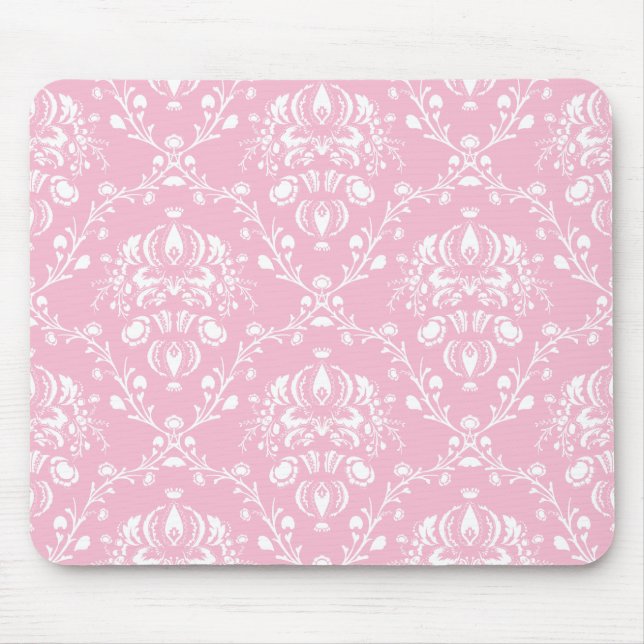 Rosa und Weiß Damast Mousepad (Vorne)