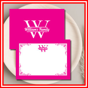 Rosa und Weiß Einfaches Familienname-Monogramm Mitteilungskarte