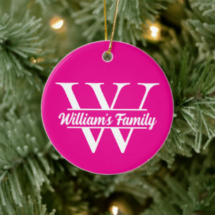 Rosa und Weiß   Einfaches Familiennamensmonogramm  Keramik Ornament