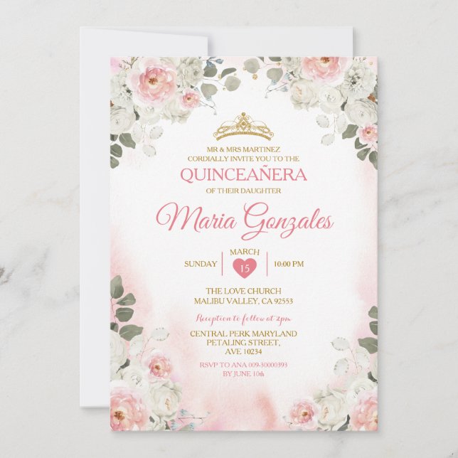 Rosa und Weiß Floral Quinceañera Gold Krone Mexika Einladung (Vorderseite)