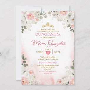 Rosa und Weiß Floral Quinceañera Gold Krone Mexika Einladung