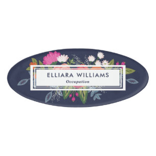 Rosa und Weiß Florals Navy Blue Namenschild