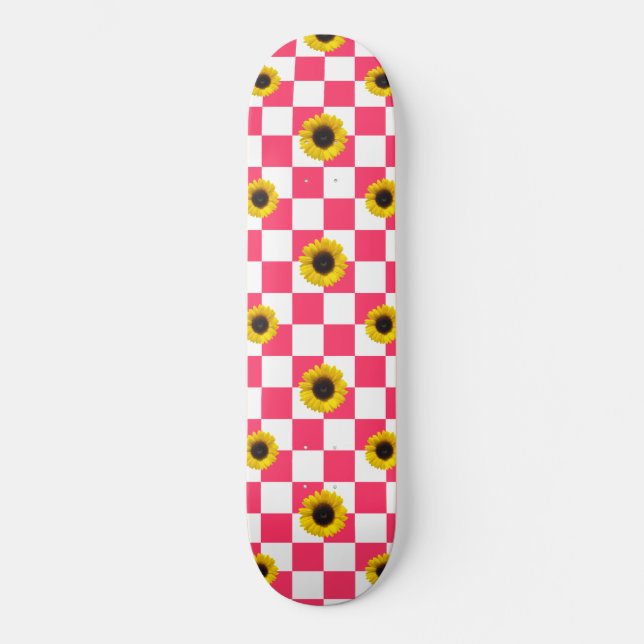 Rosa und Weiß Gelb- und Sonnenblumen-Druck Skateboard (Vorderseite)