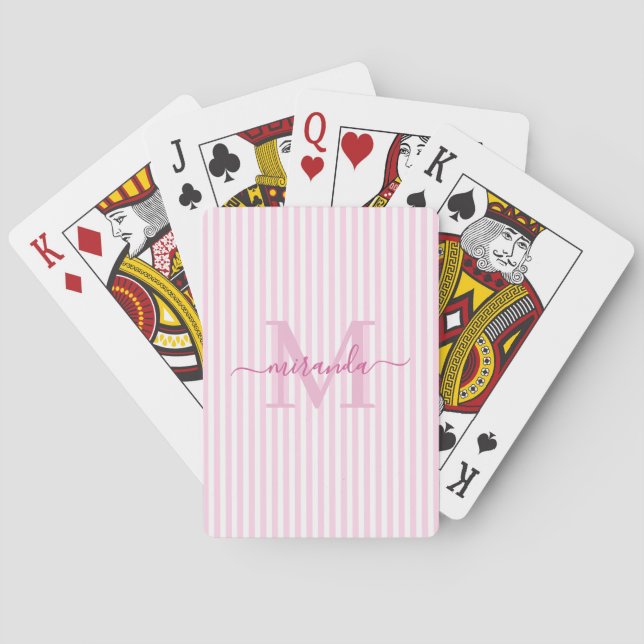 Rosa und weiß gestreifter Monogramm-Name Spielkarten (Rückseite)