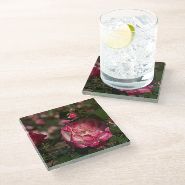 Rosa und Weiß Glasuntersetzer (Schrägansicht)