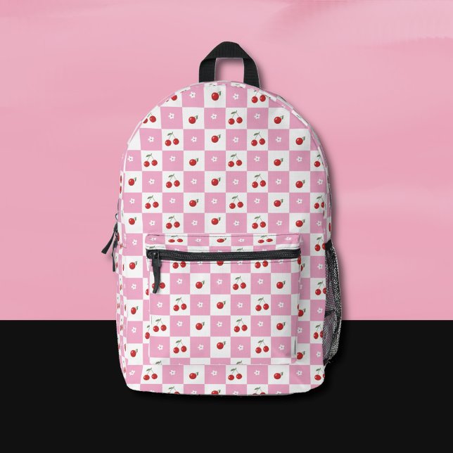 Rosa und weiß kariertes Muster Kirsche Rucksack (Whimsical pink and white Gingham pattern backpack with a cherry theme . )
