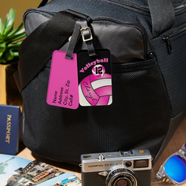 Rosa und Weiß mit Black Sporty Volleyball Gepäckanhänger (Vorderseite & Rückseite)