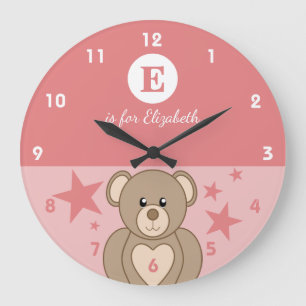 Rosa und weiß mit niedlichen Teddy-Stars Babyname Große Wanduhr